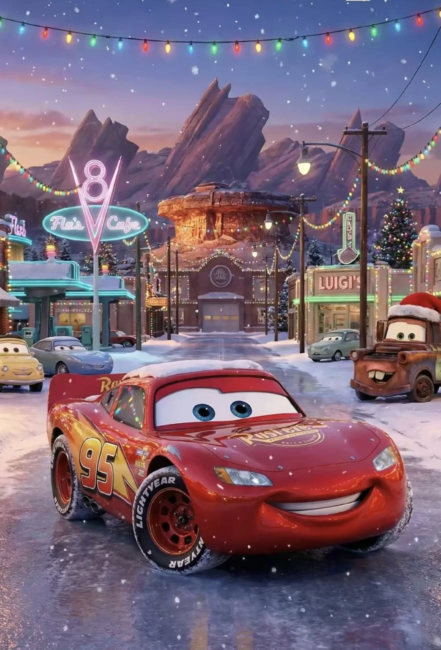 Lightning McQueen parked on a snowy road in Radiator Springs at Christmas, with glowing holiday lights overhead, Flo's V8 Cafe and Luigi's in the background, and Mater wearing a Santa hat nearby.