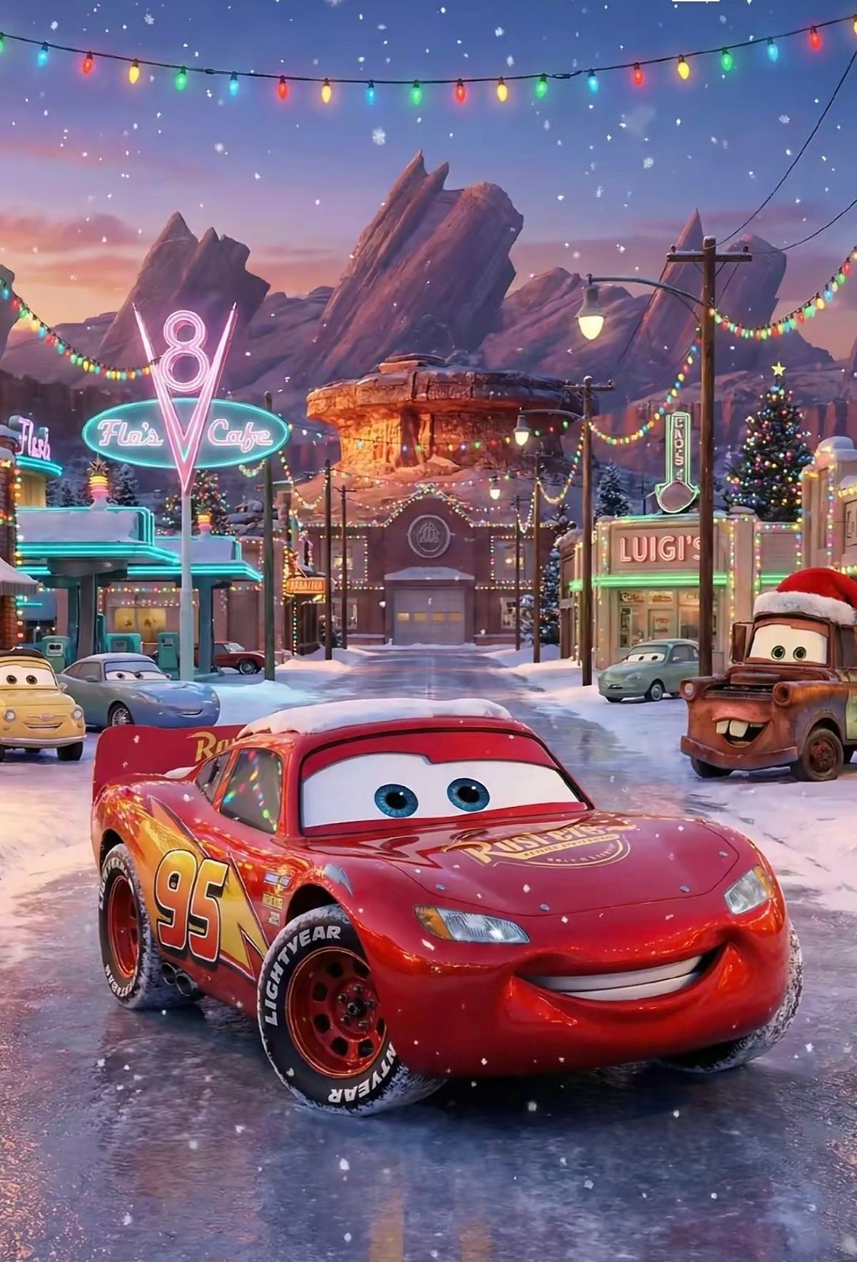 Lightning McQueen parked on a snowy road in Radiator Springs at Christmas, with glowing holiday lights overhead, Flo's V8 Cafe and Luigi's in the background, and Mater wearing a Santa hat nearby.