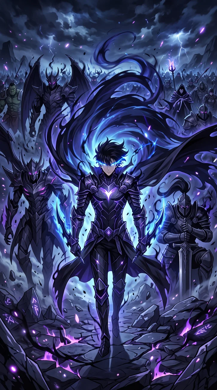 Sung Jinwoo from Solo Leveling standing in dark armor, glowing with bright blue and purple aura, surrounded by his fearsome shadow army in a dark, stormy landscape.