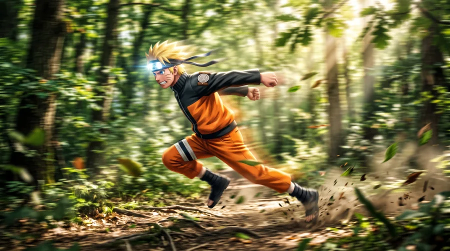 Naruto Uzumaki running fast through a bright green forest with sunlight filtering through the trees.
