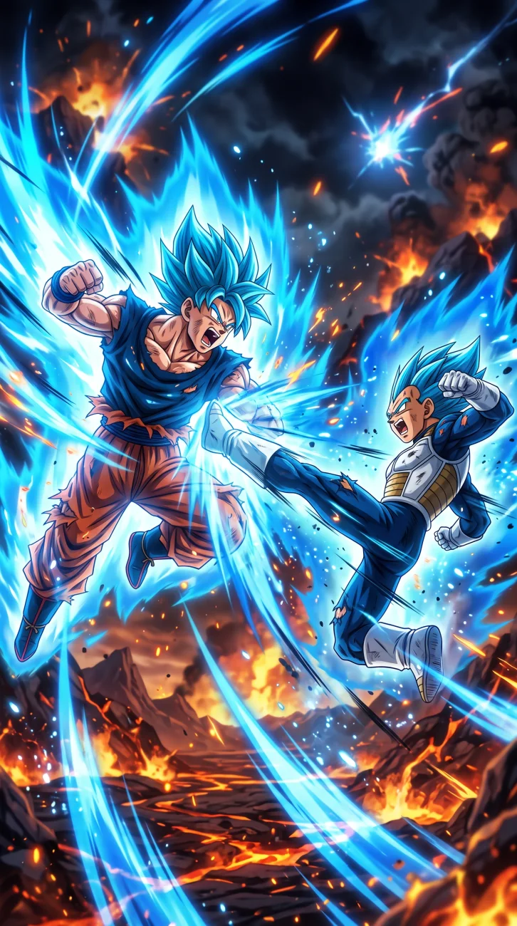 Goku and Vegeta in Super Saiyan Blue forms clashing in mid-air during an intense battle with a fiery, volcanic background.
