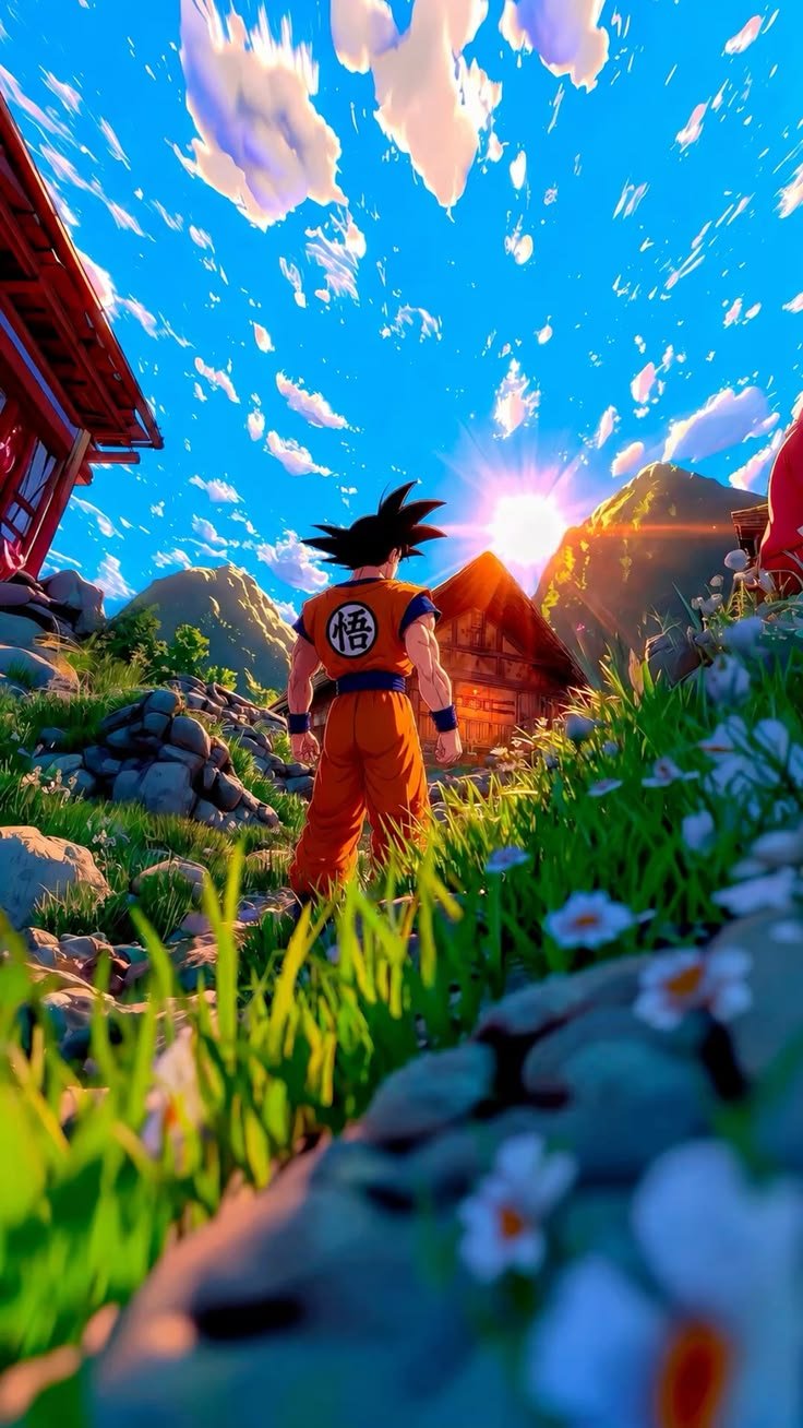 Back view of Goku from Dragon Ball standing in a grassy mountain field with white flowers in the foreground, looking toward a rustic wooden house and a bright sunrise under a vivid blue sky.