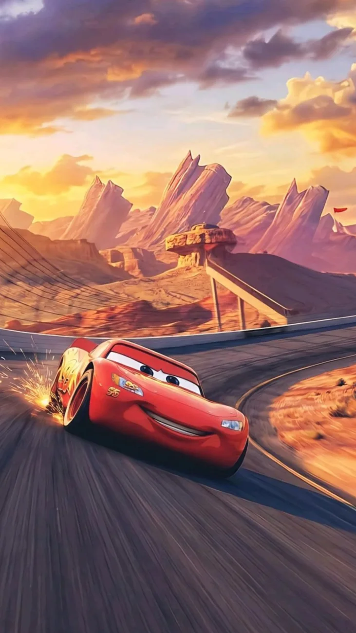 This dynamic vertical wallpaper features Lightning McQueen from the Cars franchise drifting around a curved track in a beautiful desert landscape. Set against a stunning sunset with towering rock formations reminiscent of Radiator Springs, this high-speed action shot is perfect for fans. Download this high-quality background for your mobile device or smartphone.