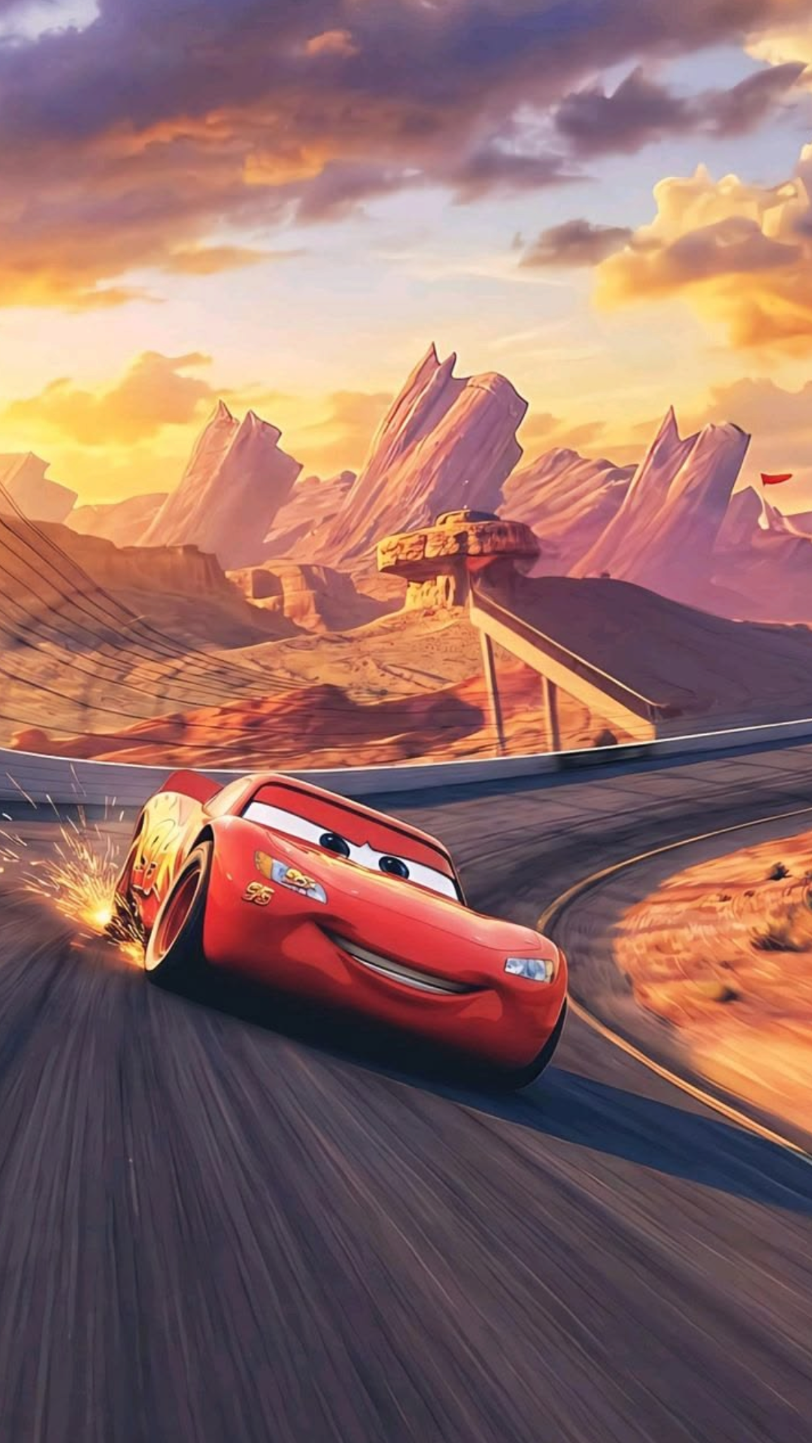 This dynamic vertical wallpaper features Lightning McQueen from the Cars franchise drifting around a curved track in a beautiful desert landscape. Set against a stunning sunset with towering rock formations reminiscent of Radiator Springs, this high-speed action shot is perfect for fans. Download this high-quality background for your mobile device or smartphone.