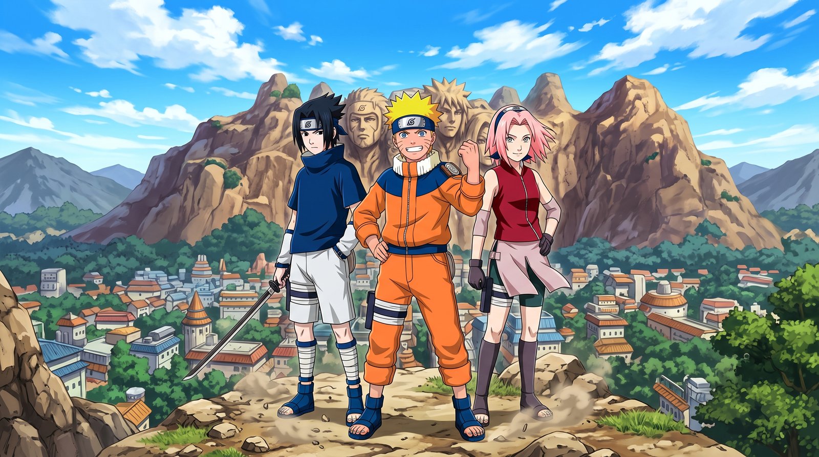 Naruto, Sasuke, and Sakura standing together on a cliff overlooking the Hidden Leaf Village with the Hokage faces carved in the mountain behind them.