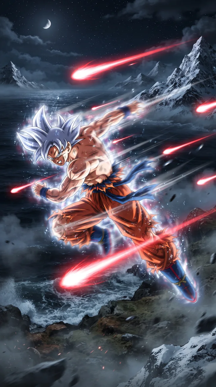 Full-body shot of Goku in his Mastered Ultra Instinct form with a glowing silver aura, standing
