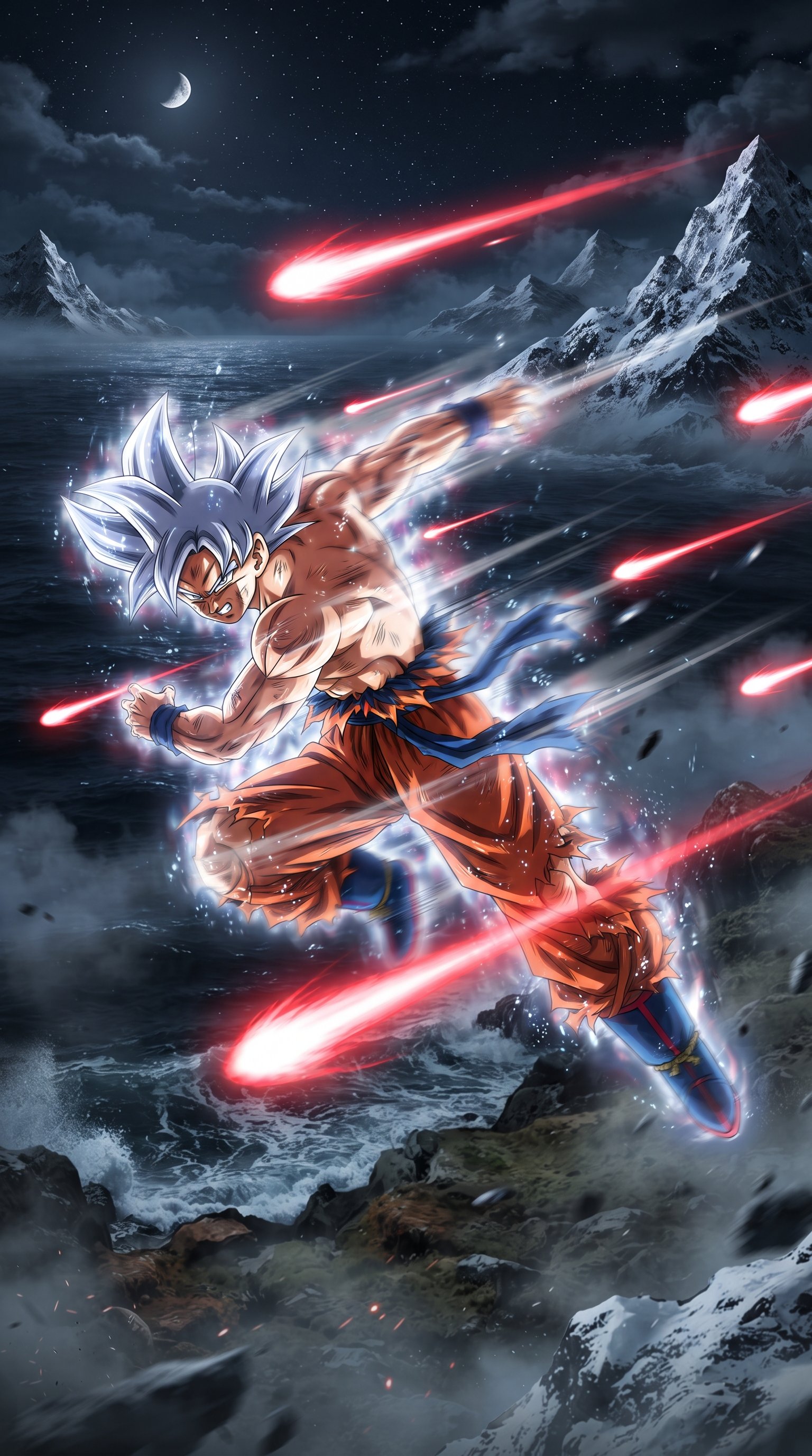 Full-body shot of Goku in his Mastered Ultra Instinct form with a glowing silver aura, standing