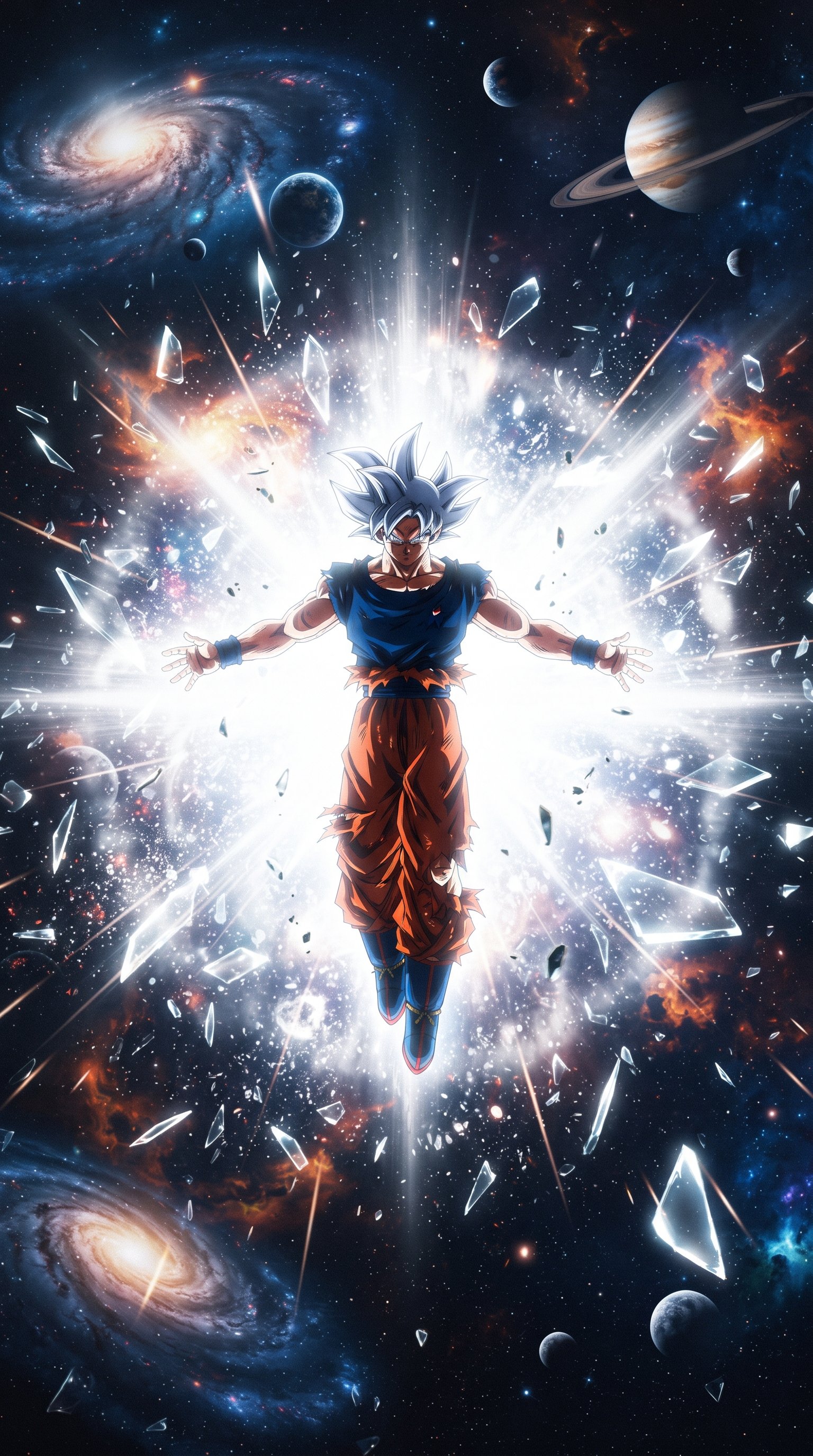 Gohan in his Mastered Ultra Instinct form with glowing silver hair and aura, standing powerfully in a surreal cosmic landscape with shattered crystals.