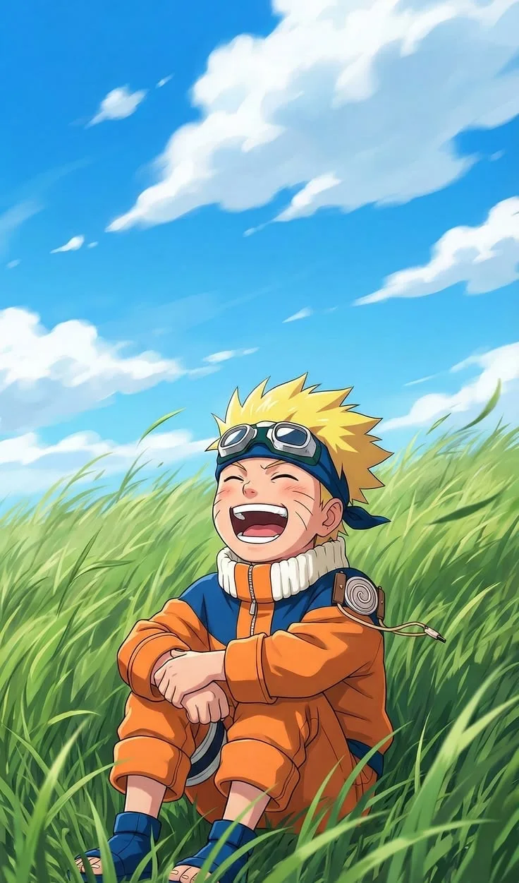 Young Naruto Uzumaki sitting in tall green grass, laughing happily with his eyes closed under a bright blue sky with white clouds.