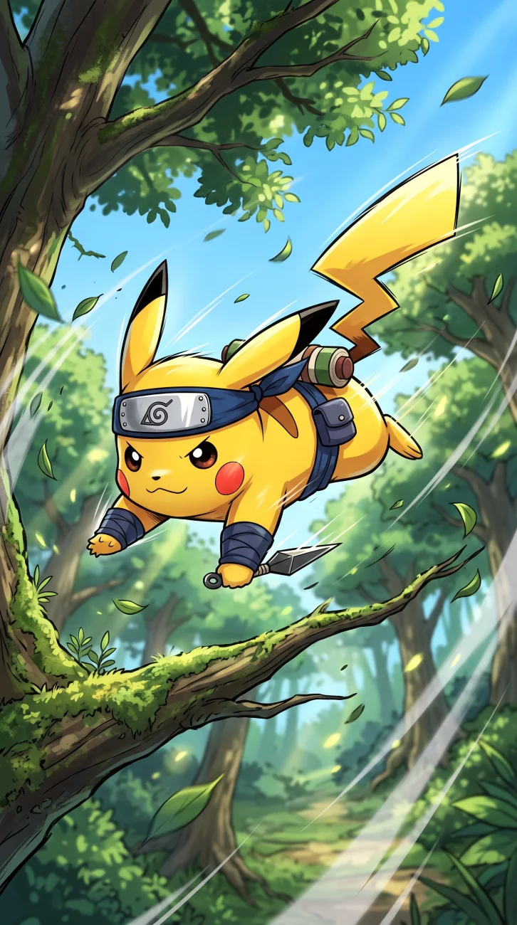 Pikachu wearing a blue Hidden Leaf ninja headband and a pouch, holding a kunai while leaping through a lush green forest.