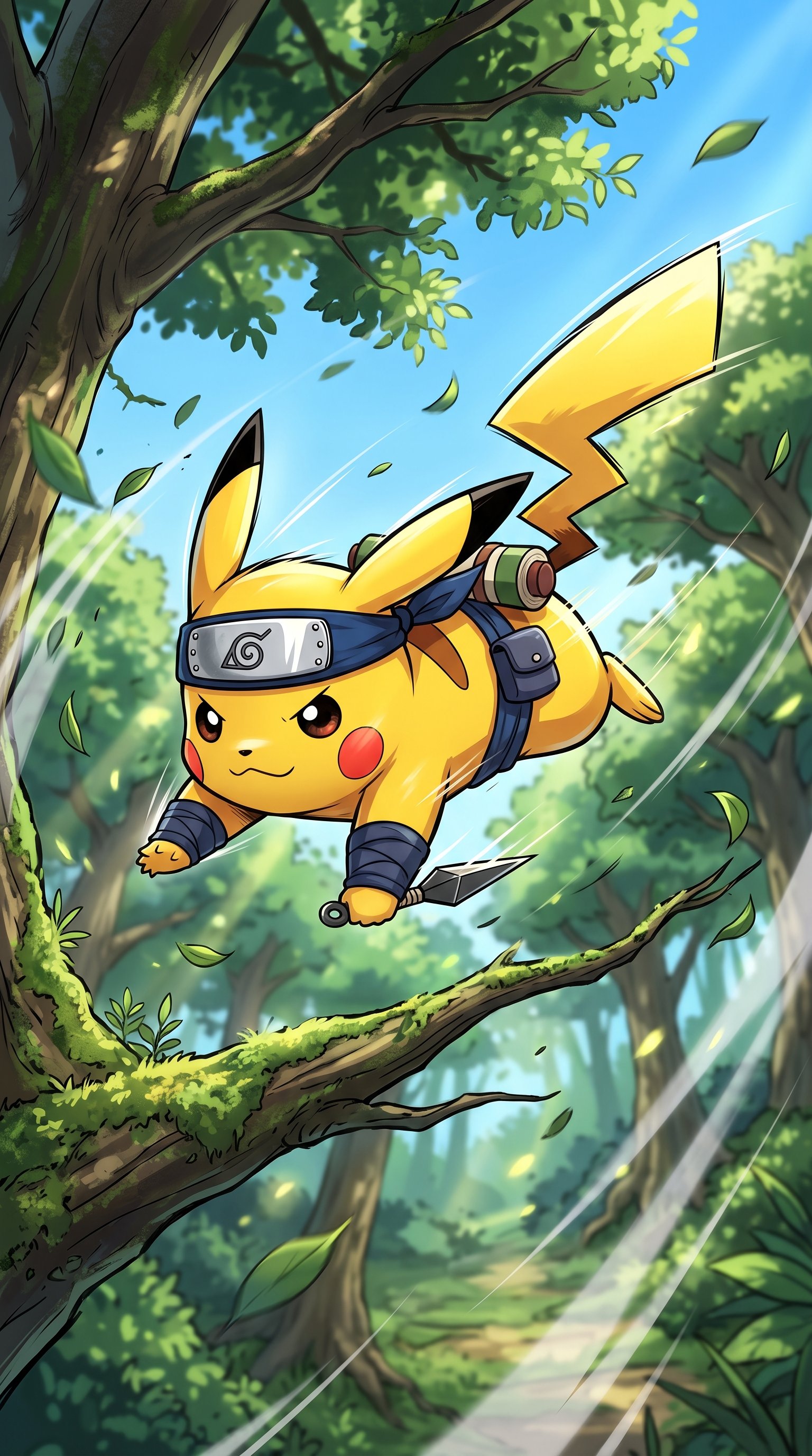 Pikachu wearing a blue Hidden Leaf ninja headband and a pouch, holding a kunai while leaping through a lush green forest.
