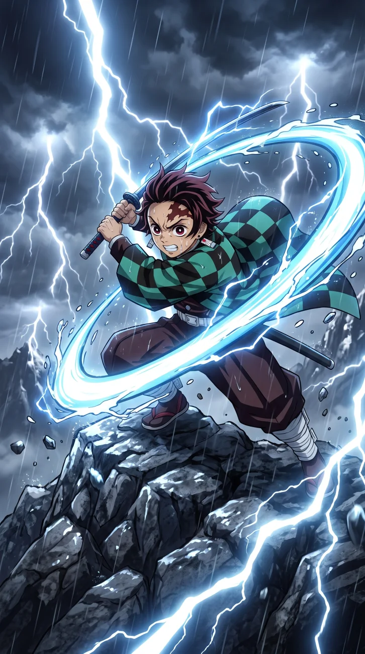Tanjiro Kamado from Demon Slayer wielding his sword with dynamic water breathing effects, standing on a rocky peak during a fierce lightning storm.