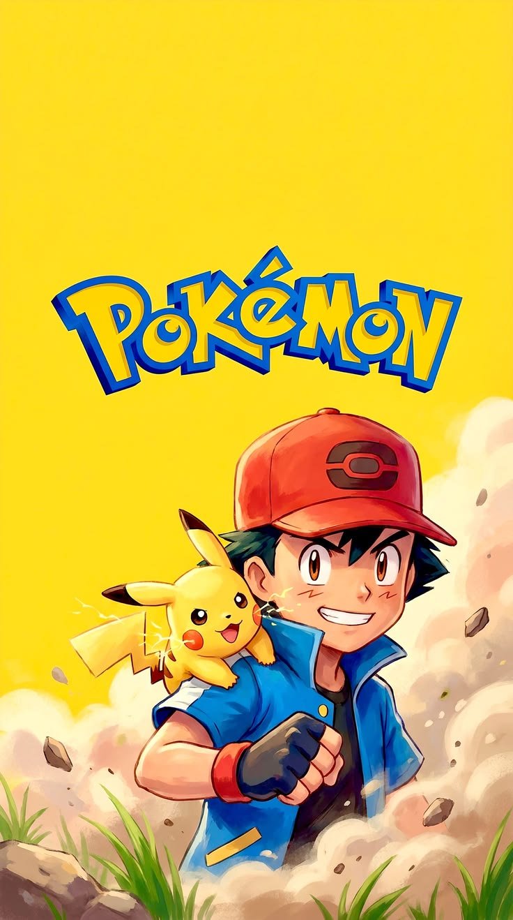 Ash Ketchum and Pikachu in an action pose with rocks and dust kicking up around them, set against a bright yellow background featuring the official blue and yellow Pokémon logo at the top.