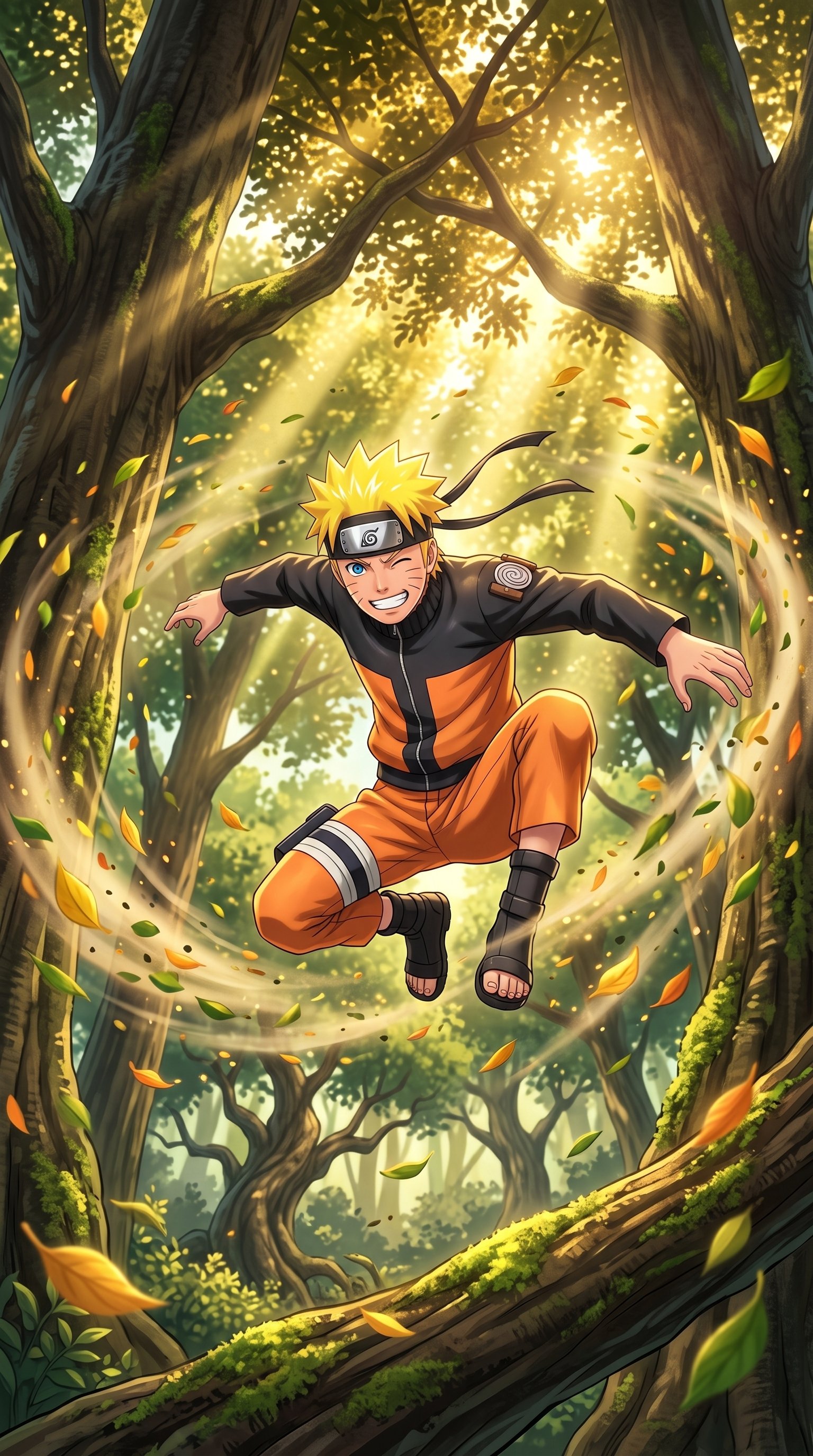 Naruto Uzumaki winking and playfully jumping through a sunlit forest surrounded by swirling autumn leaves in 2K resolution.