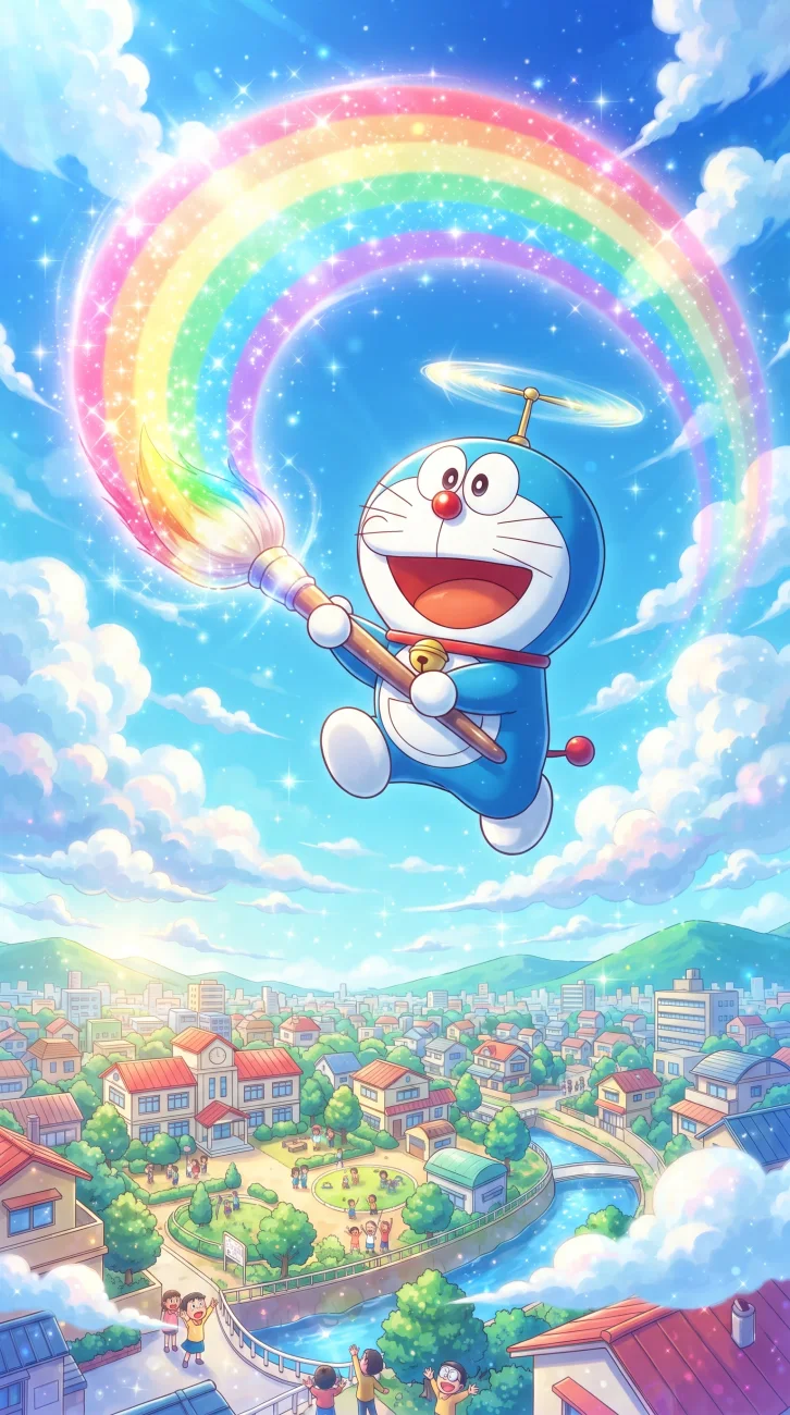 Doraemon painting a colorful rainbow in the blue sky surrounded by soft white clouds
