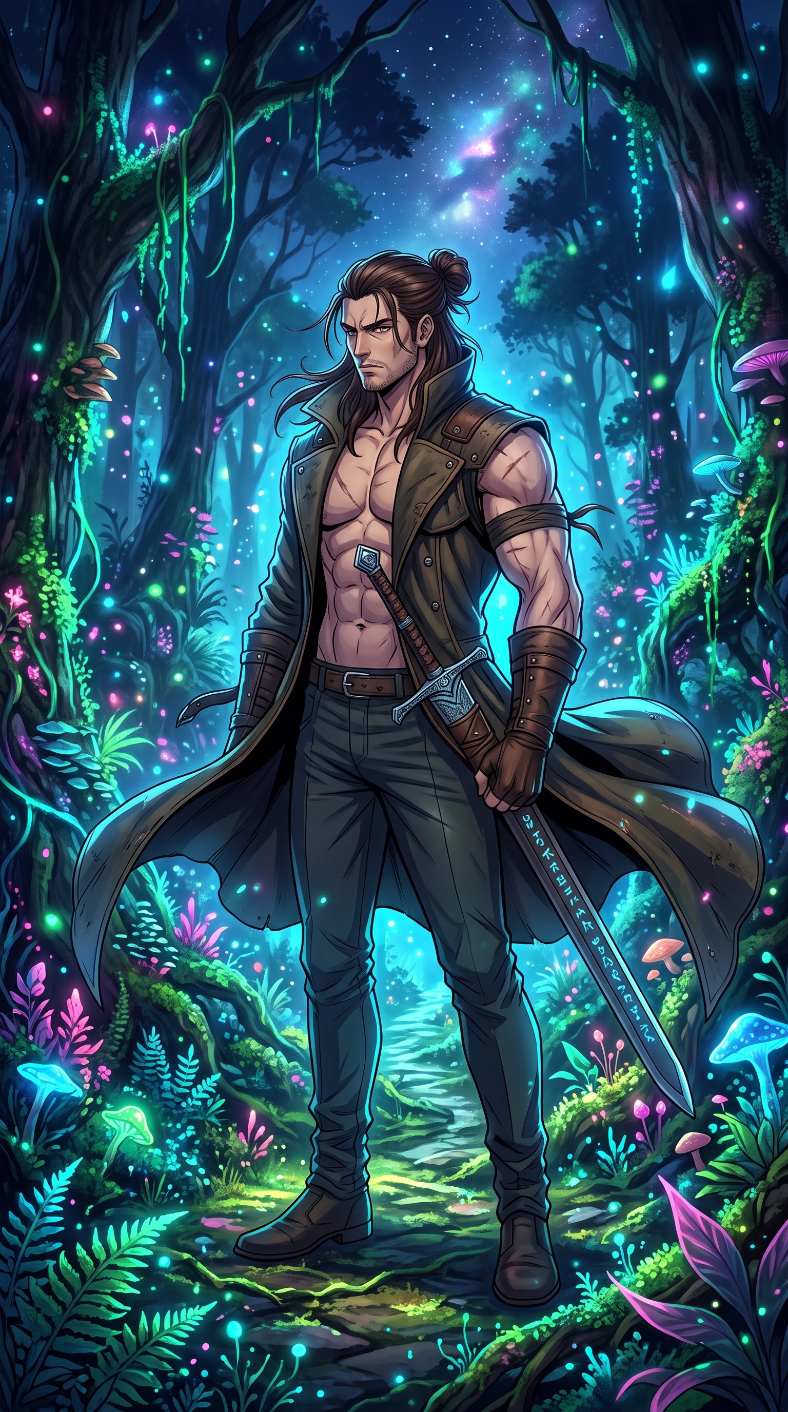 A muscular Eren Yeager from Attack on Titan standing in a lush, atmospheric green forest.