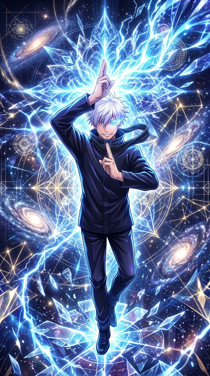 Satoru Gojo from Jujutsu Kaisen smiling and activating his Unlimited Void domain expansion, surrounded by a glowing blue cosmic background with stars, sacred geometry, and shattered glass effects.
