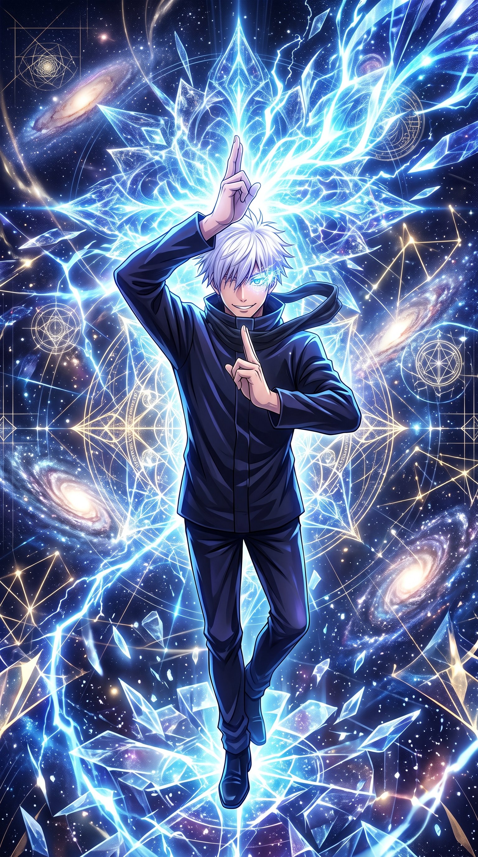 Satoru Gojo from Jujutsu Kaisen smiling and activating his Unlimited Void domain expansion, surrounded by a glowing blue cosmic background with stars, sacred geometry, and shattered glass effects.
