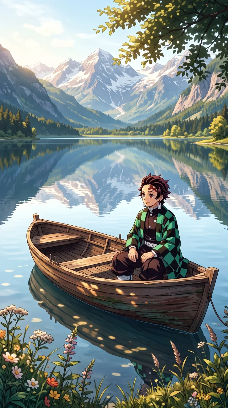 Tanjiro Kamado sitting in a small wooden boat on a calm lake that reflects the surrounding snow-capped mountains.