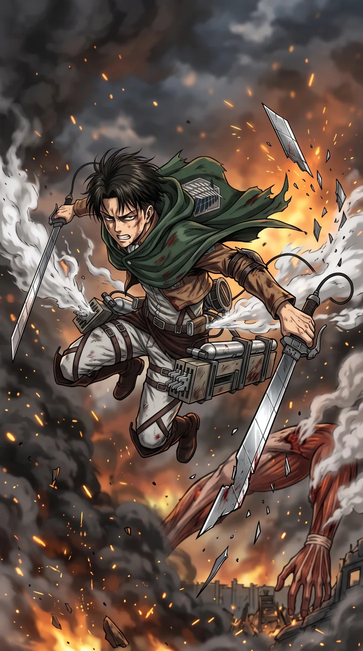 Levi Ackerman from Attack on Titan suspended mid-air during battle, wearing his Survey Corps uniform with visibly damaged ODM gear.