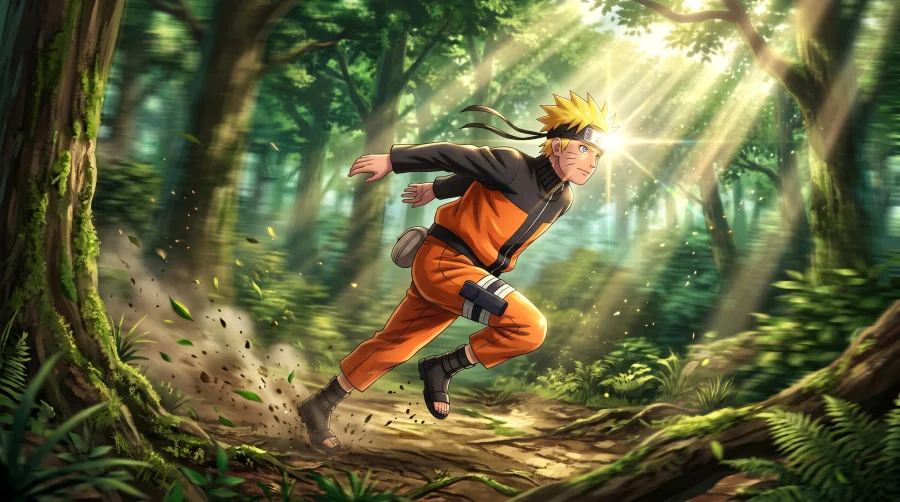 Naruto running on a dirt path in a dense forest with bright sunbeams shining down through the trees.