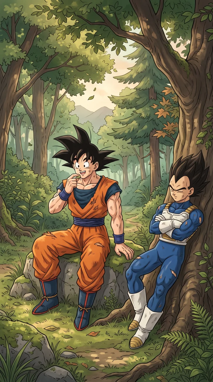 Goku sitting on a rock eating and Vegeta resting against a tree with his eyes closed in a peaceful green forest. Both are wearing battle-damaged clothing.