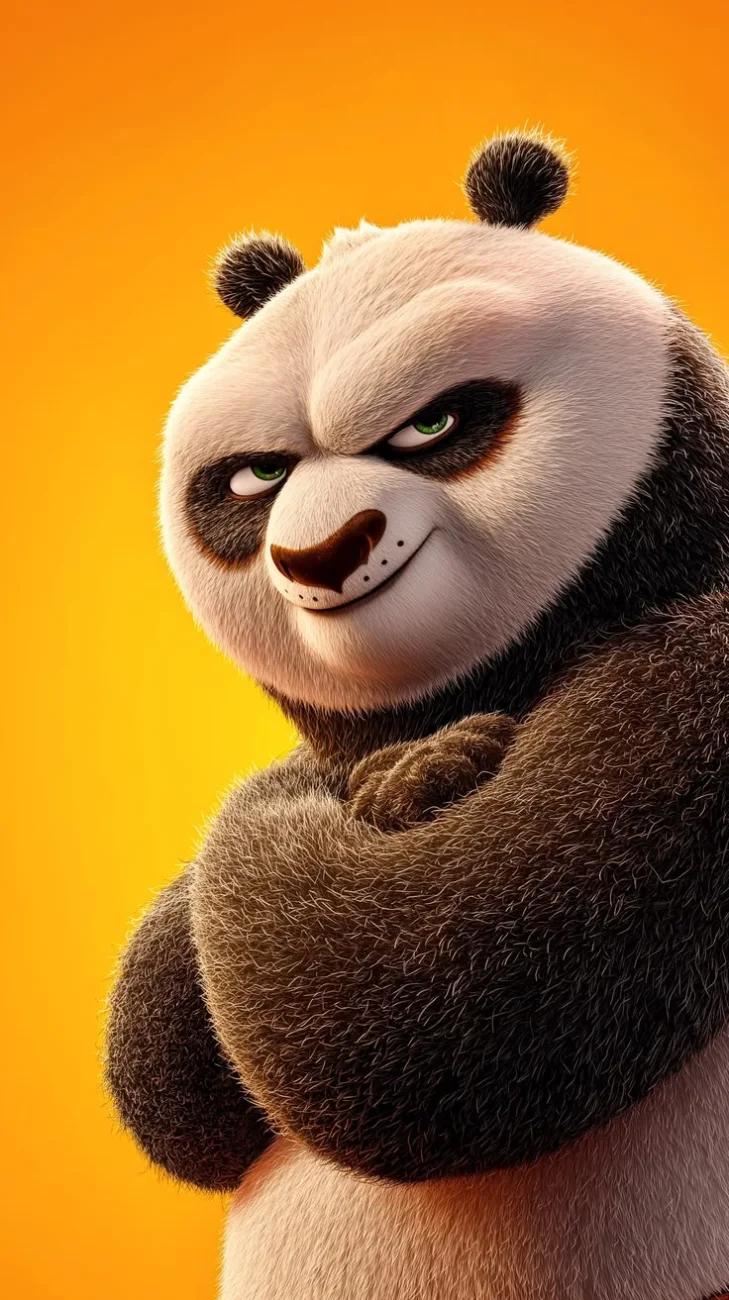 Po from Kung Fu Panda with crossed arms and a confident expression against a solid bright orange background.