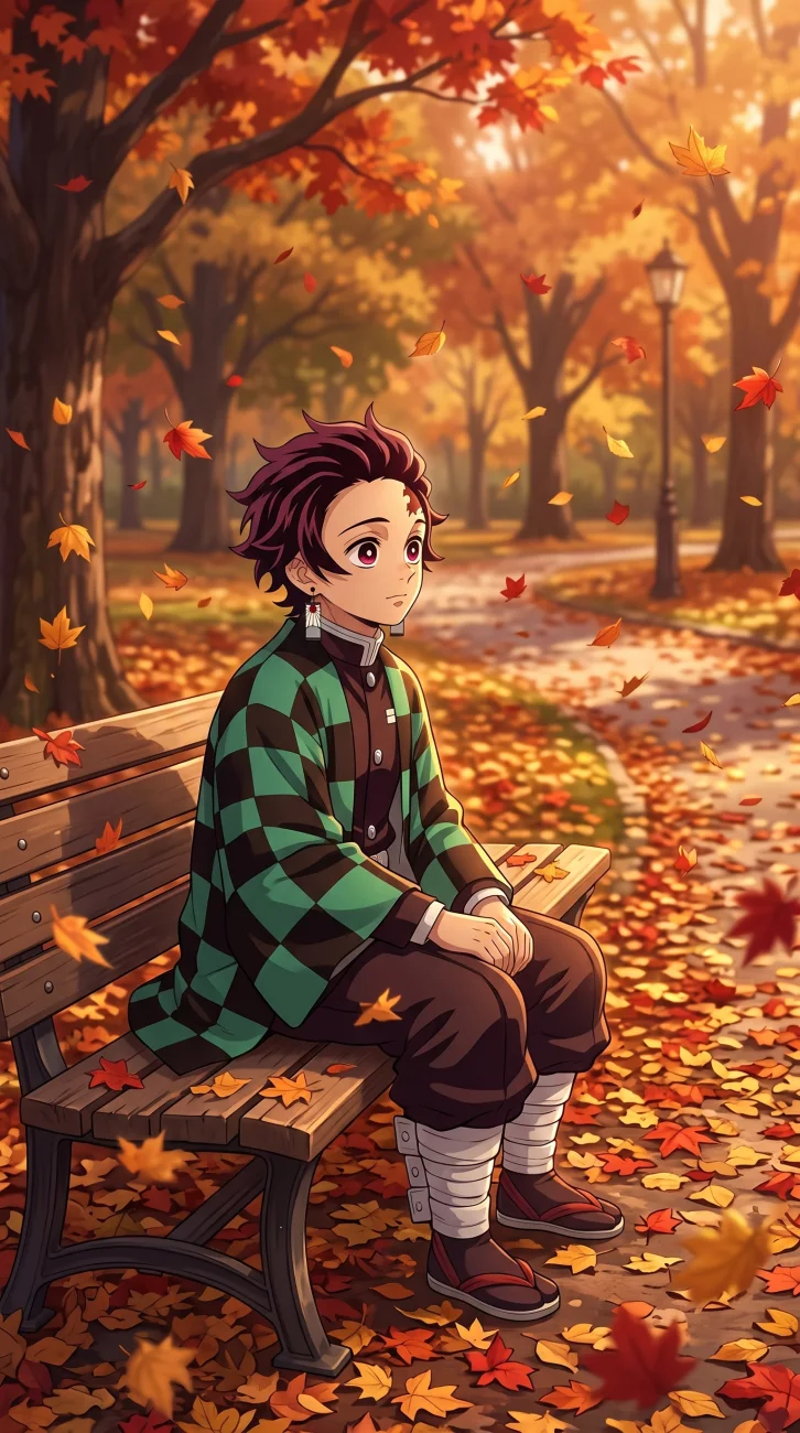 Tanjiro Kamado sitting on a wooden bench in a park with falling orange and red autumn leaves