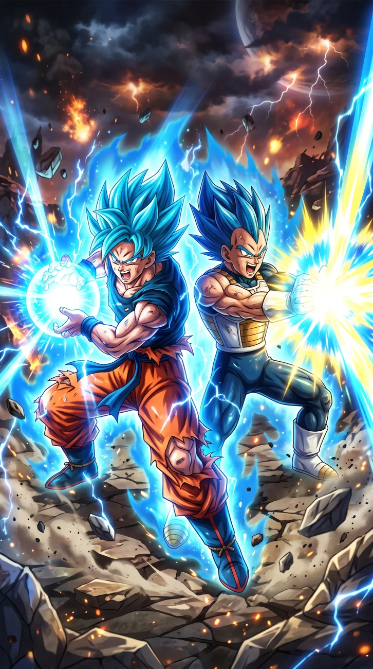 Goku and Vegeta in Super Saiyan Blue forms standing side-by-side charging their glowing energy attacks amidst a stormy, rocky landscape with lightning and flying debris.