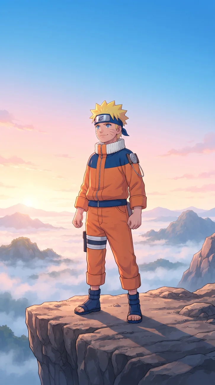An naruto standing on a high mountain ledge, gazing out at a sweeping, majestic landscape.