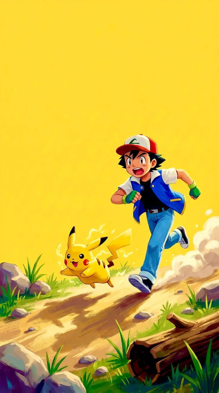 Ash Ketchum and a sparking Pikachu running excitedly along a dirt nature path, with a large, solid yellow background taking up the top half of the image.