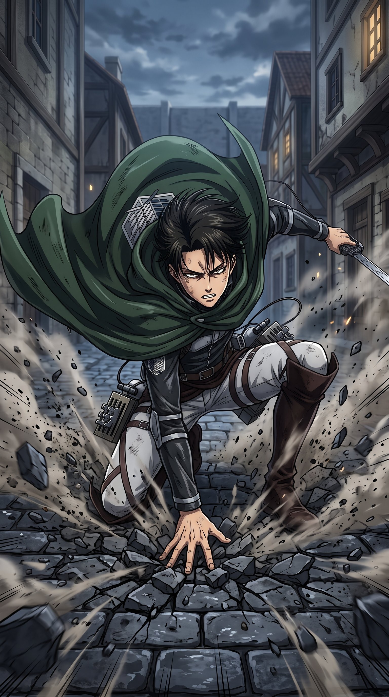 Levi Ackerman from Attack on Titan landing on a cobblestone street, wearing his Survey Corps uniform and equipped with ODM gear.