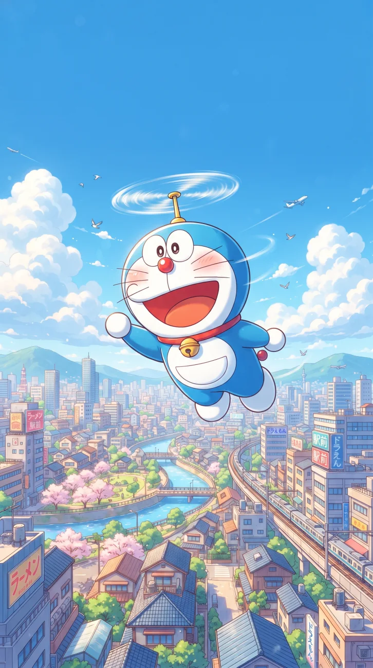 Doraemon smiling happily with his iconic red collar and bell against a bright blue backdrop
