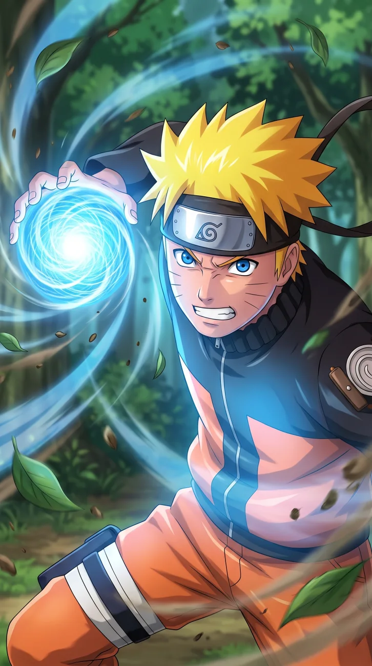Naruto Uzumaki performing a glowing blue Rasengan attack surrounded by swirling chakra and leaves in a forest setting in 2K resolution.