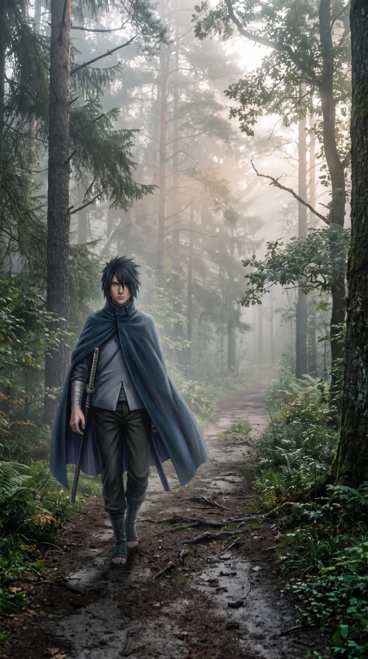 A realistic, cinematic illustration of Sasuke Uchiha from Naruto walking down a damp dirt path in a dense, misty pine forest. He is wearing his dark blue traveling cloak and holding a katana.