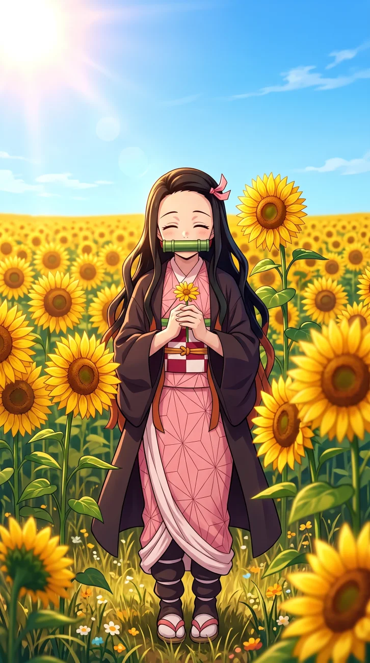 Nezuko Kamado from Demon Slayer smiling softly while holding a flower in a vibrant field of tall sunflowers under a sunny sky.