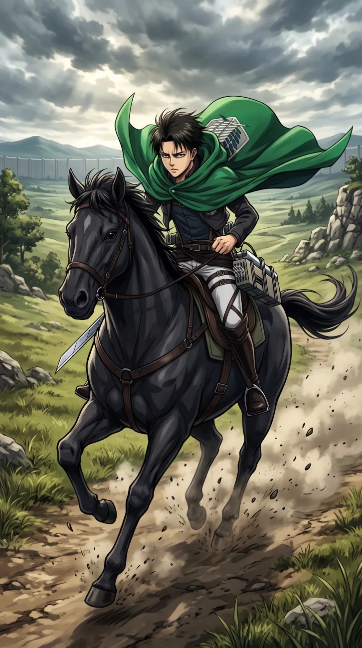 Levi Ackerman in his Survey Corps uniform riding a galloping horse during a daring expedition.