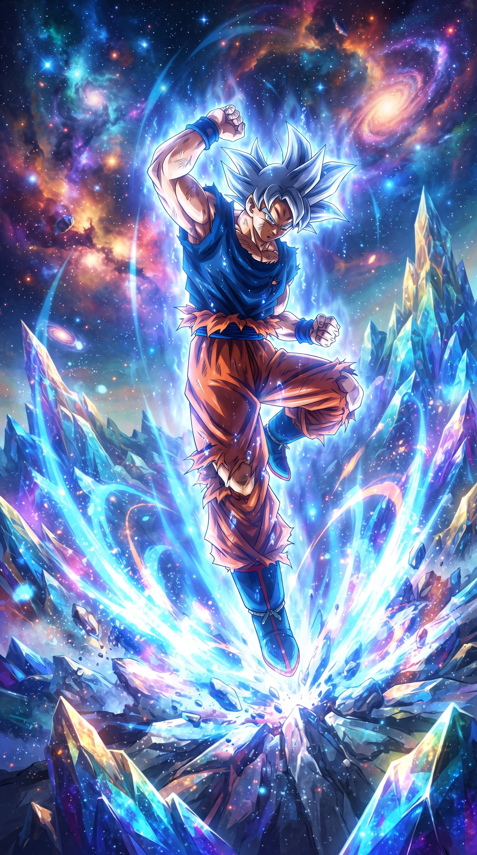Gohan in a battle-damaged orange gi, powering up with an intense glowing aura and fierce expression against a dark nebula sky.
