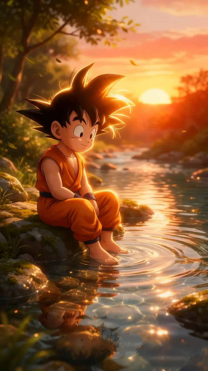 Kid Goku sitting on rocks by a stream, dipping his bare feet in the water under a bright golden sunset.